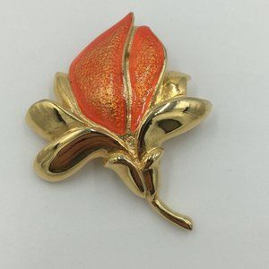 Signed GIOVANNI BROOCH, Gold Tone Leaves ORANGE Enameled FLOWER BUD